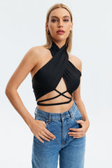 Cut Out Cross Wrap Halter Neck Tank Top