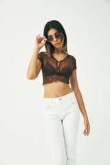 Lettuce Trim Hook And Eye Mesh Textured Crop Top With Bra