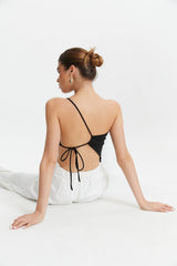 Asymmetrical Tie Back Solid Backless Crop Top