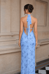 Floral Print Deep V Backless Tie Fitted Chic Maxi Dress