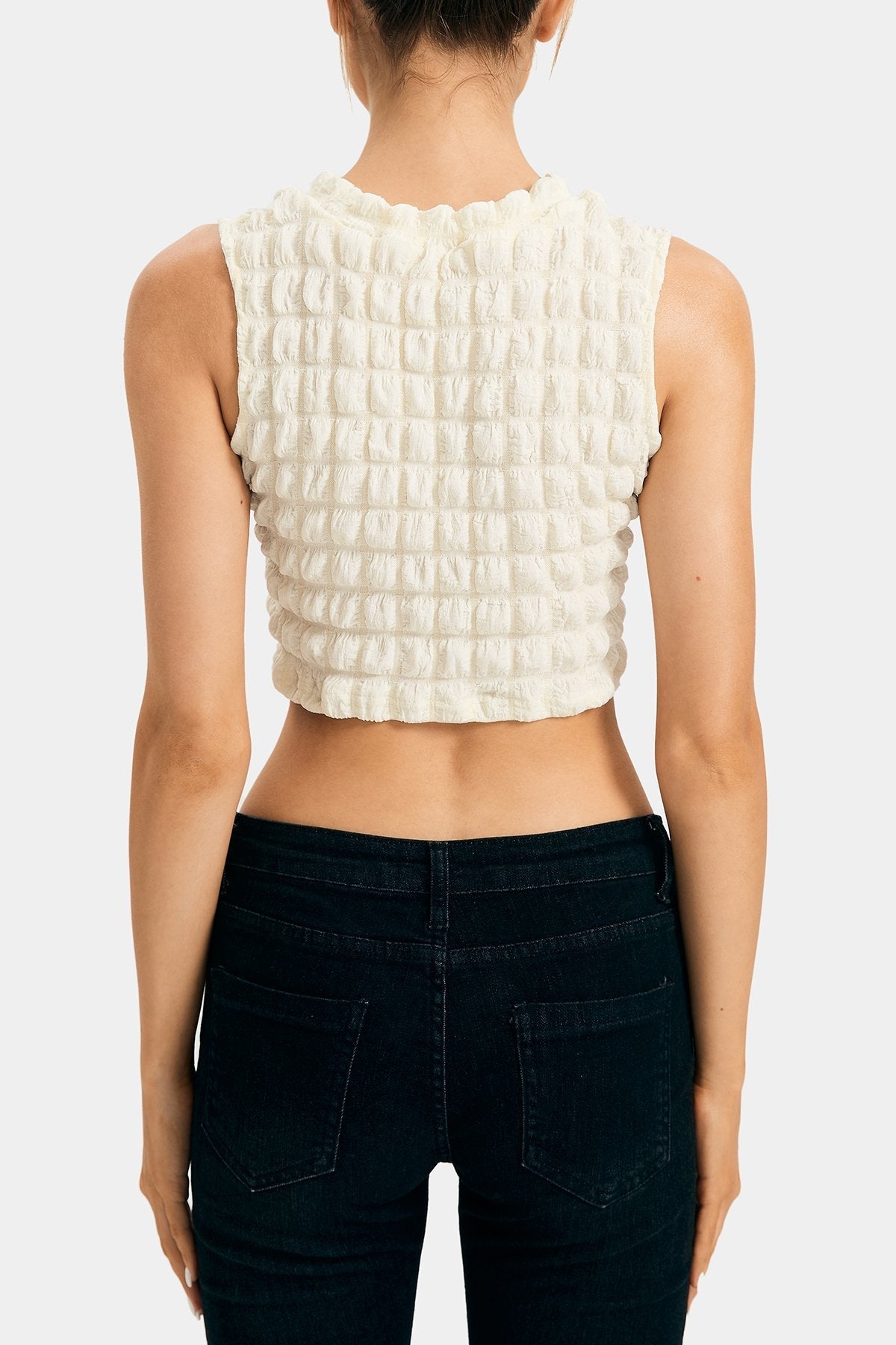 Bubble Textured Lettuce Trim Sleeveless Crop Top