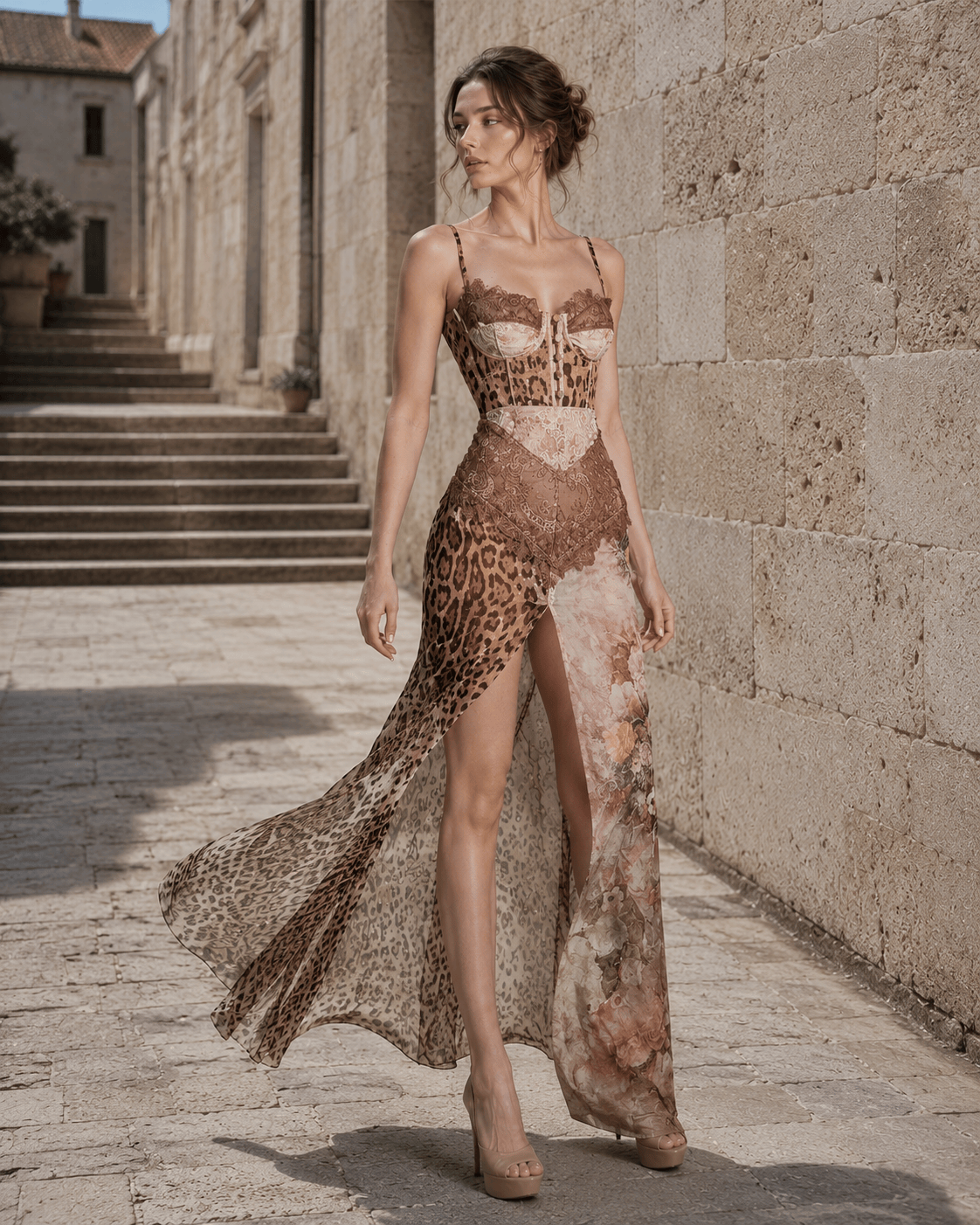 Leopard Printed Patchwork Lace Floral Dress