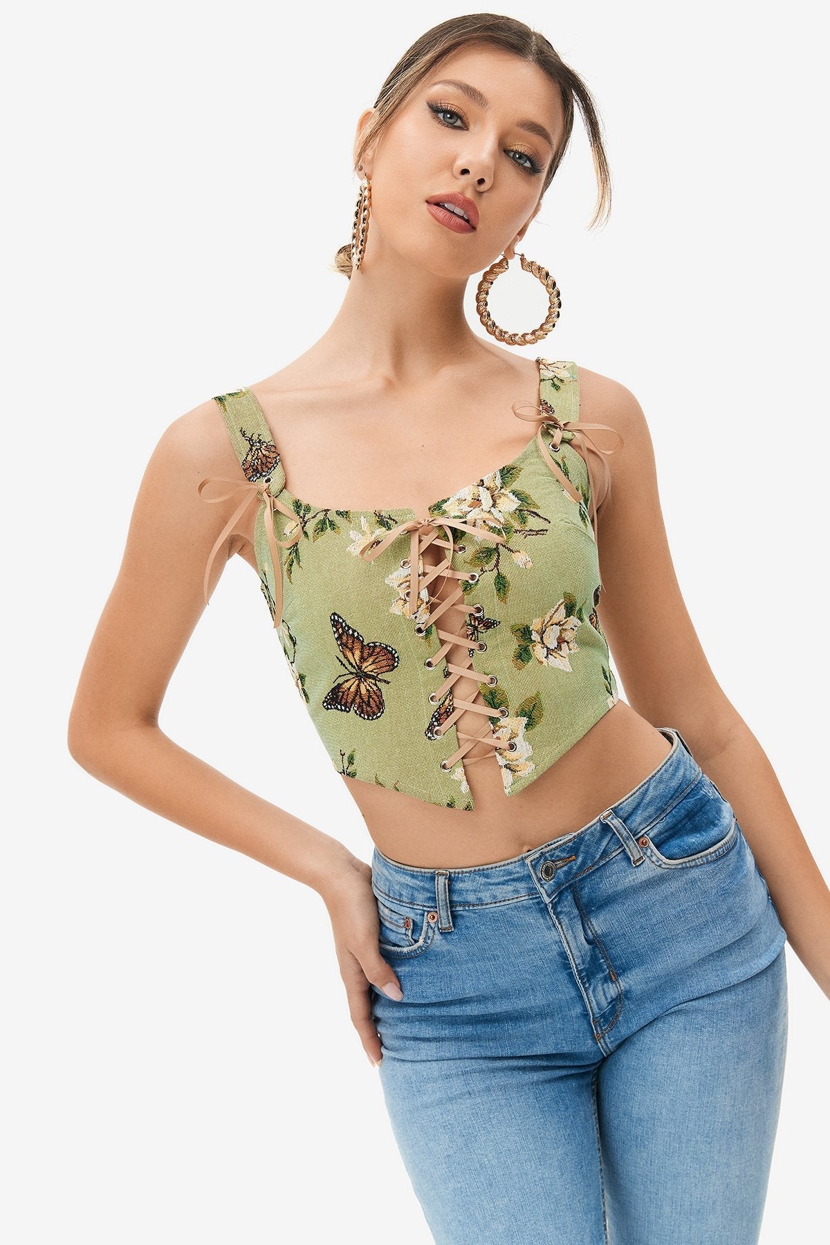Floral Print Lace Up Asymmetrical Hem Crop Top