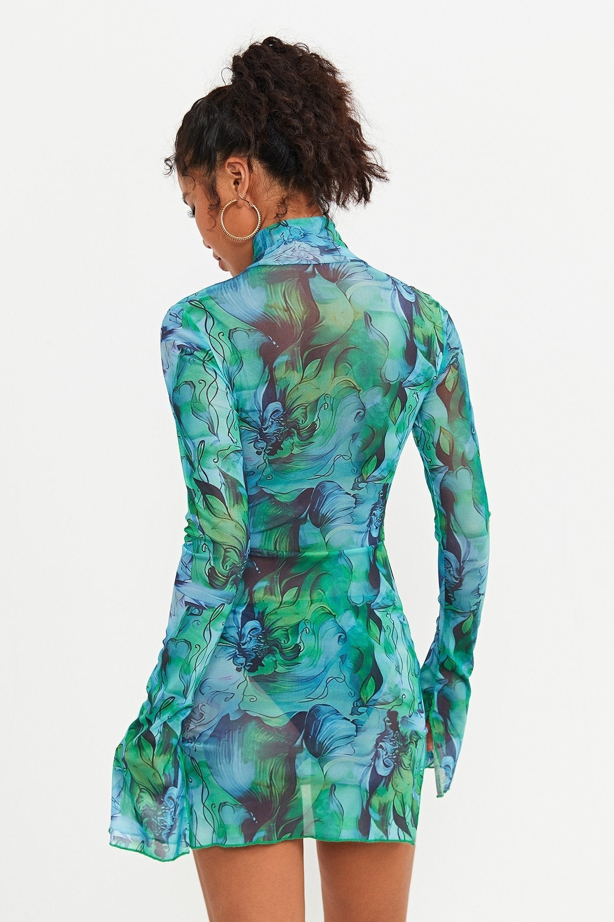 Abstract Print Split Hem Mesh Long Sleeve Mini Dress Without Underwear
