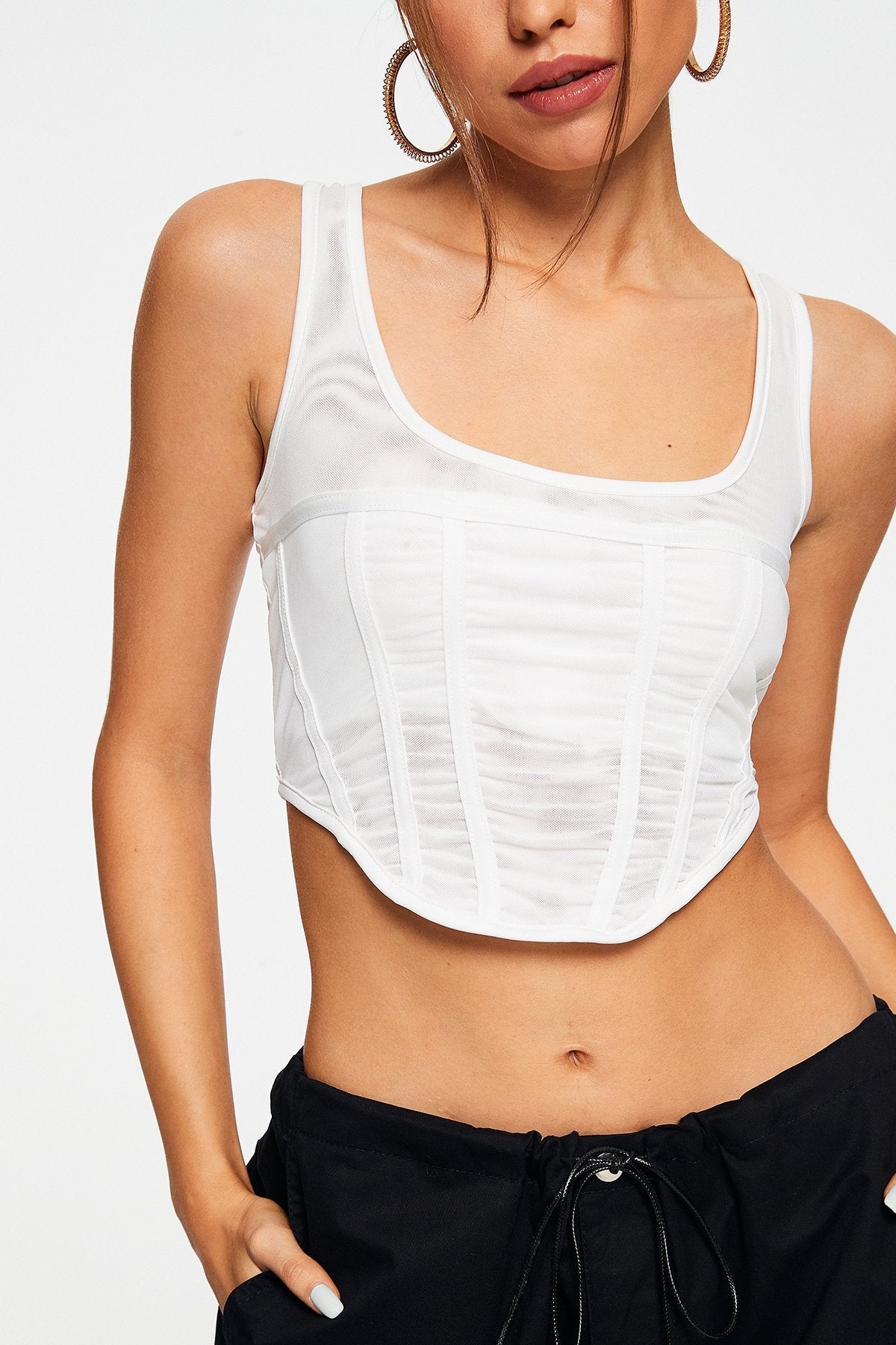 Mesh Boning Curved Hem Zipper Back Tank Top