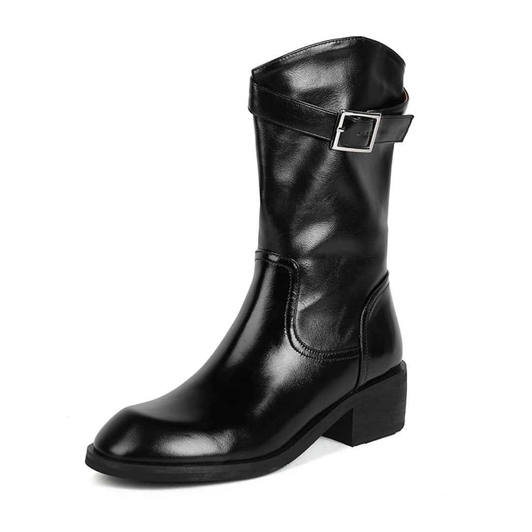 Julianti Women's Winter Round Toe Leather Boots Square Metal Buckle Mid-Calf