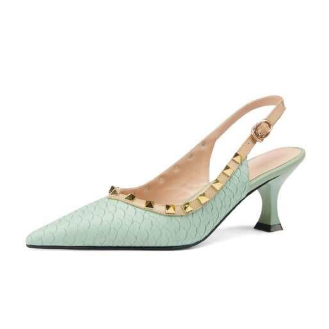 Aimee Women's Pointed Toe Genuine Leather Sandal With Metal Buckle Rivets