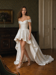 Satin Off Shoulder High Low Reception Dress