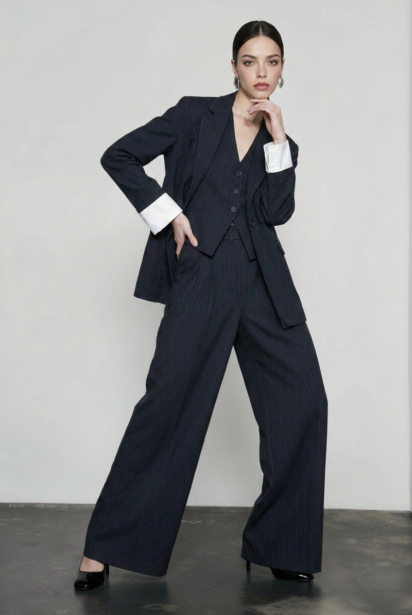 Grey Striped Vest Wide Leg Three Piece Set