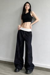 Washed Distressed Sporty Waist Wide Leg Jeans