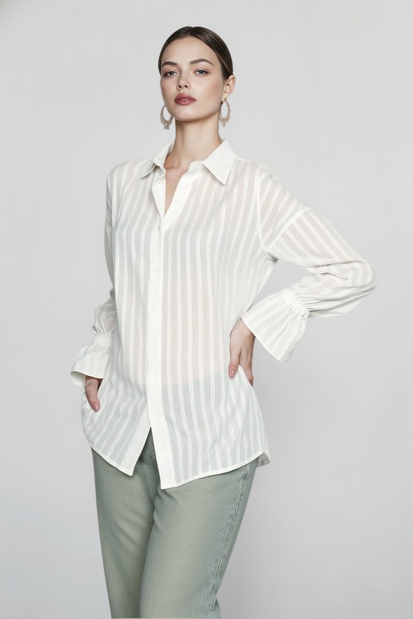Raised Jacquard Flare Sleeve Blouse