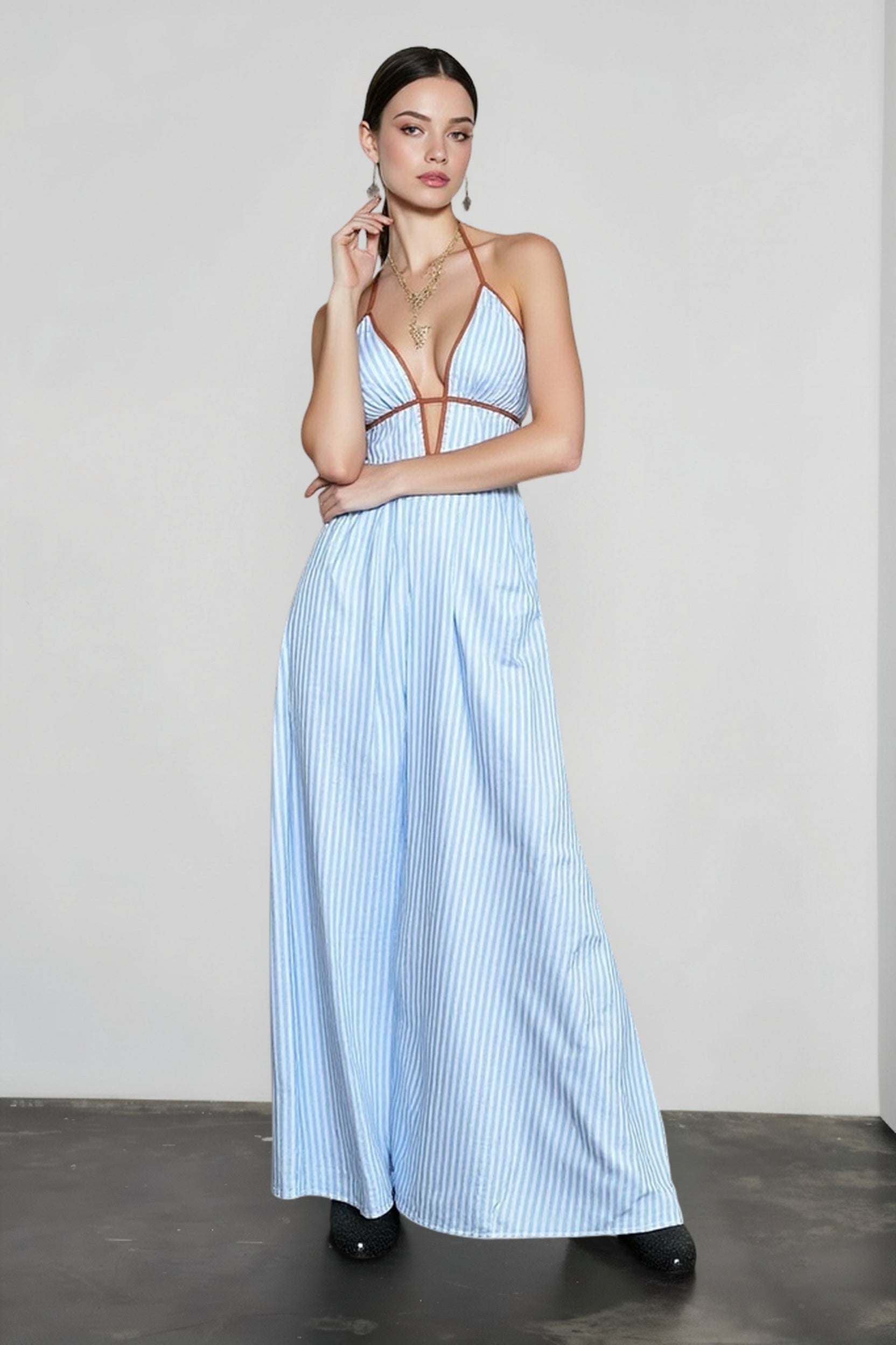 Deep V Striped Halter Vacation Dress