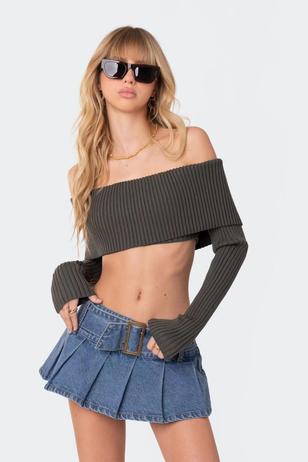 Off Shoulder Wrap Crop Knit Top