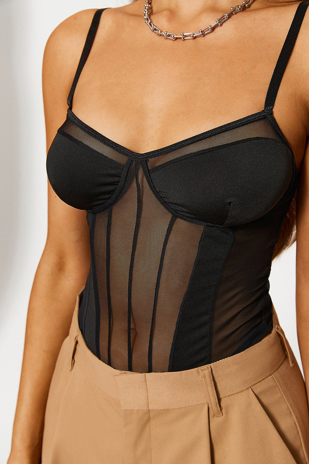 Plunging Neck Boning Mesh Bodysuit