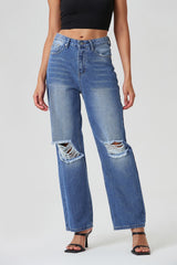 Low Waist Ripped Washed Dual Pocket Straight Pants