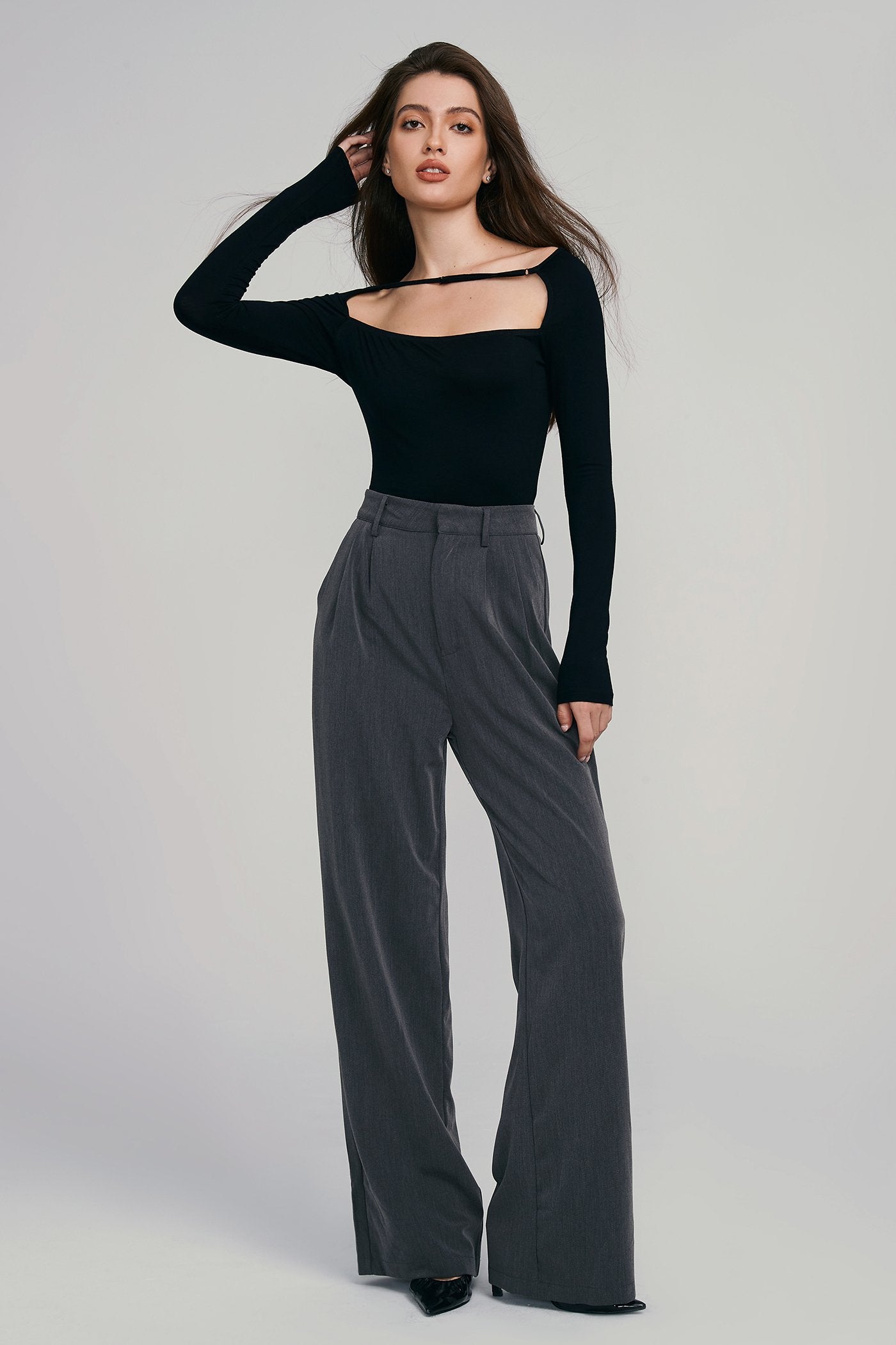 High Waist Dual Pocket Draped Wide Leg Pants