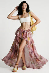 Floral Print Ruffle Irregular Vacation Skirt