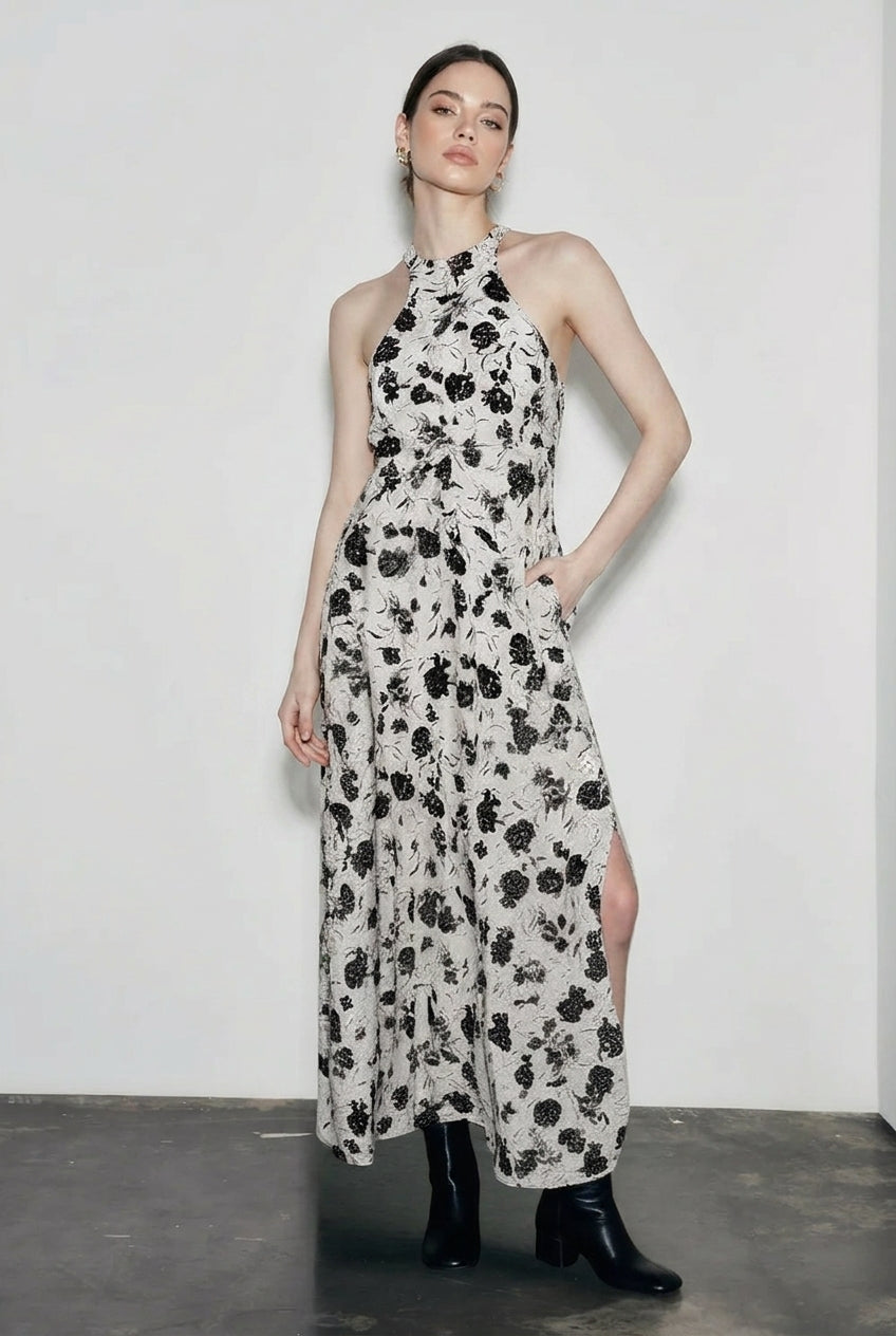 Printed Halter Mock Neck Vacation Dress