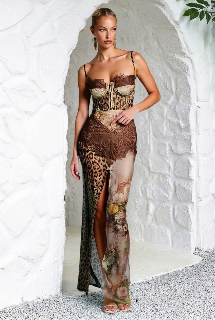 Leopard Lace Mesh Midi Dress