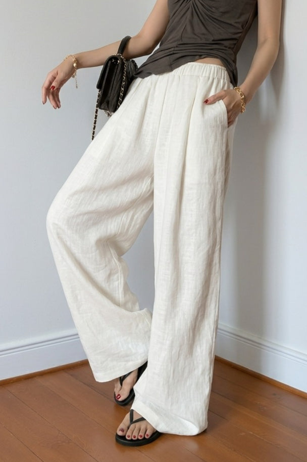 White Linen Blend Wide Leg Casual Pants