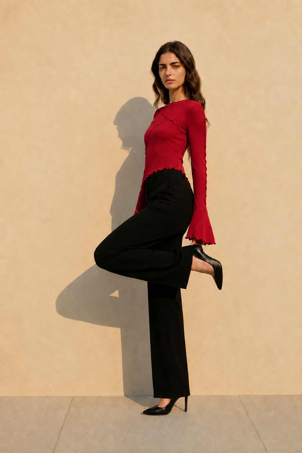 Solid Mock Neck Paneled Ruffled Long Sleeve Tee
