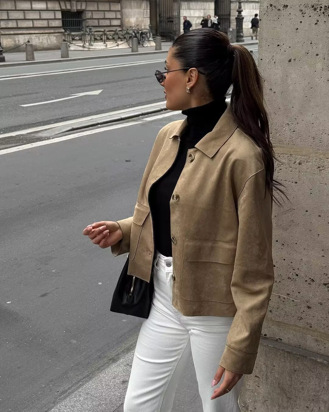 Suede Effect Soft Button Lapel Jacket