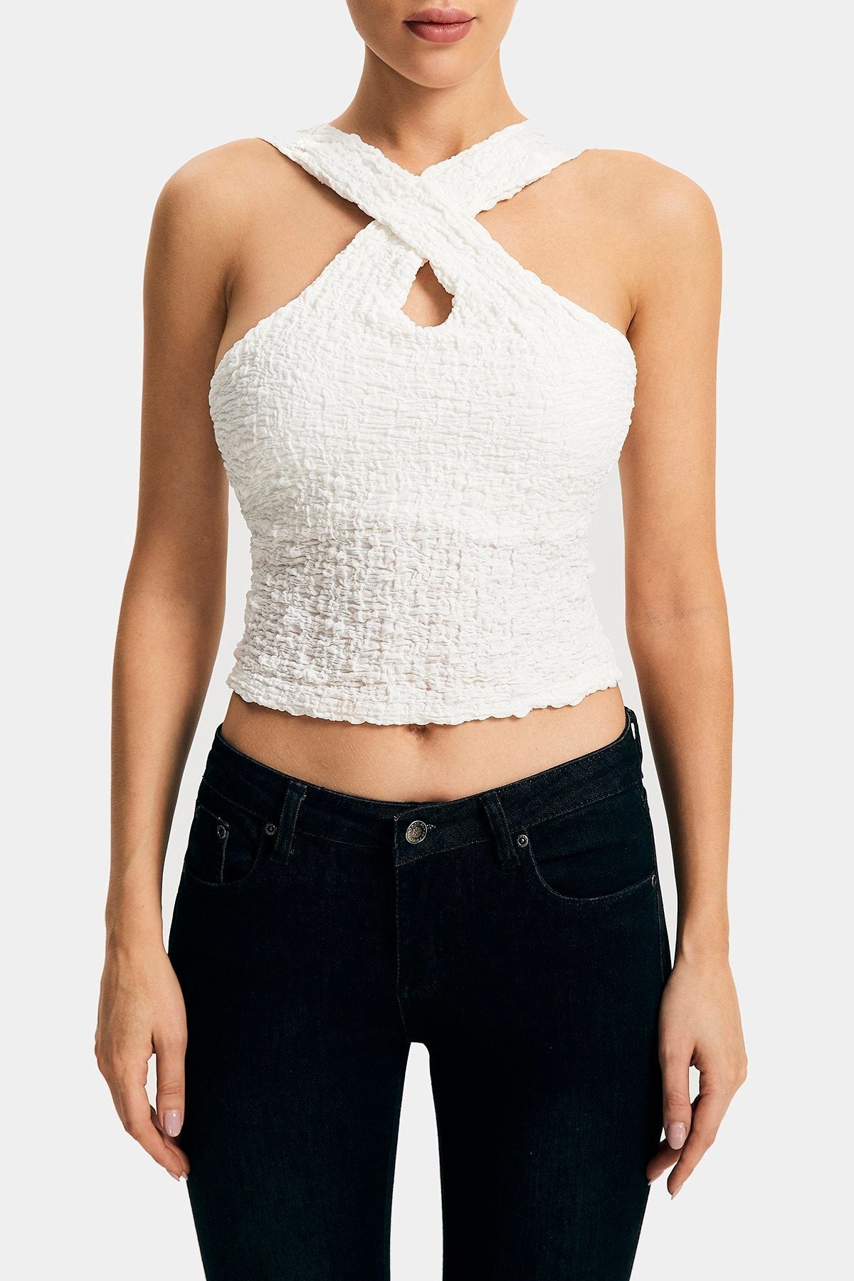 Cross Over Backless Texture Tank Top