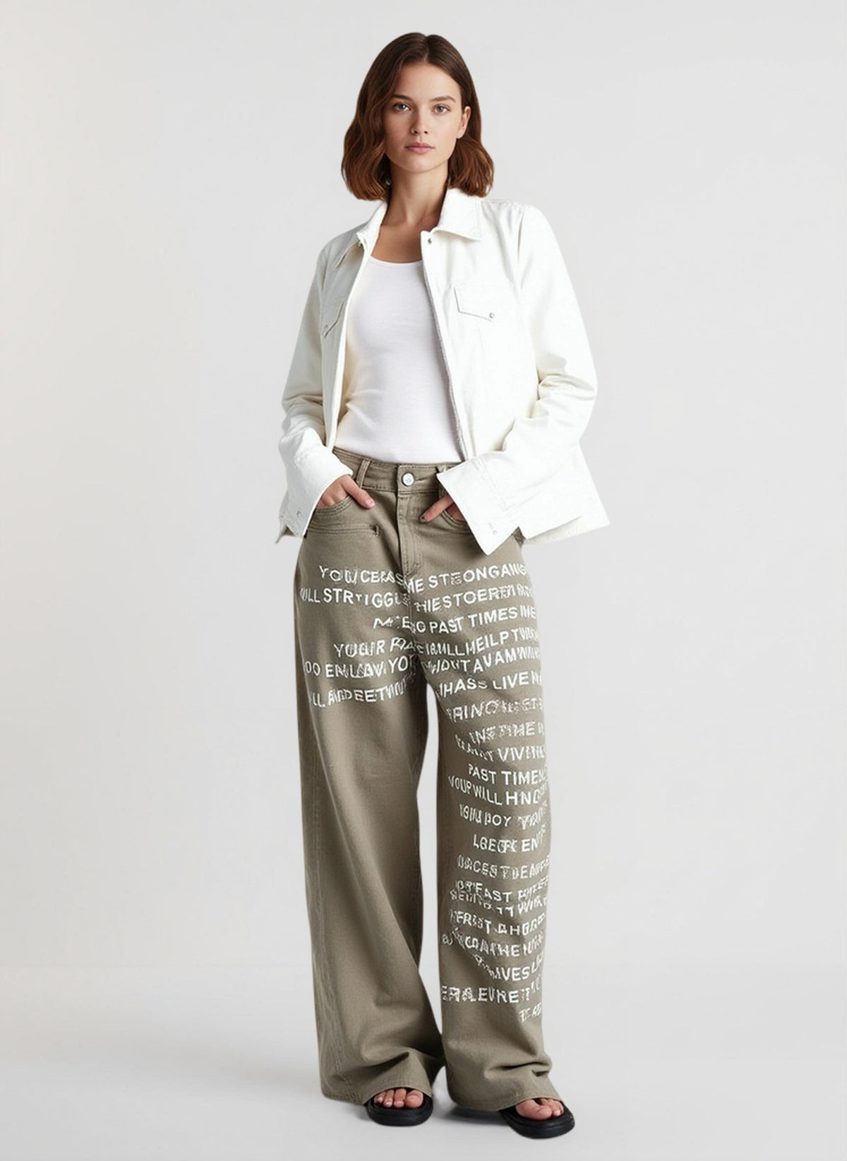 Vintage Washed Letter Print Wide Leg Slim Floor Length Jeans