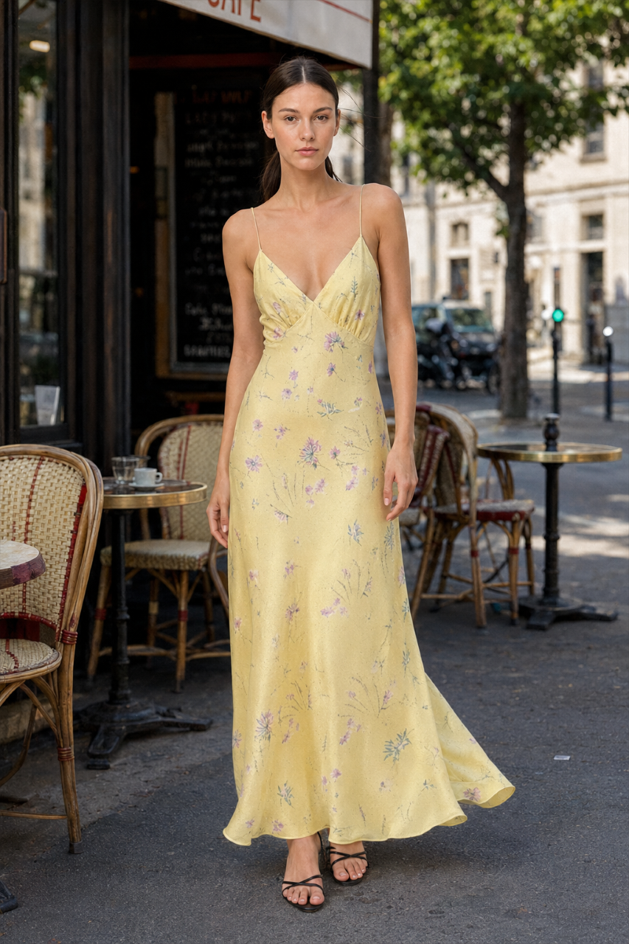Casual Yellow Print Spaghetti Strap Floral Dress