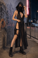 Attractive Rebel Net Hollow Hooded Full-Length Dress
