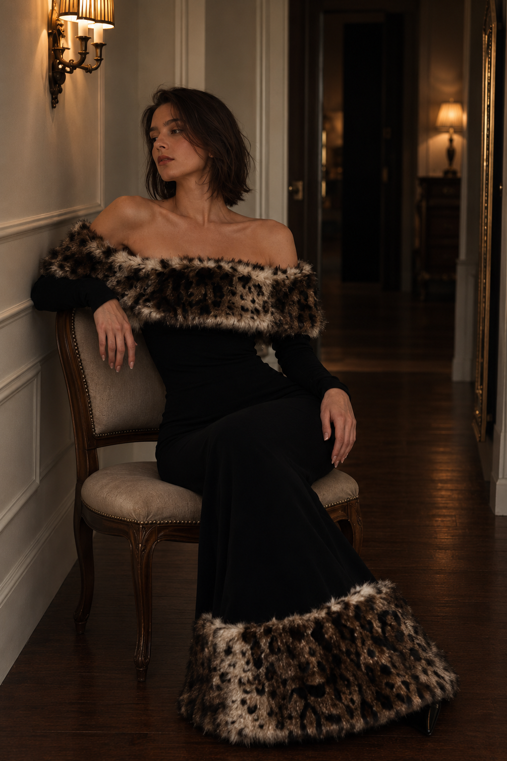 Sexy Off-shoulder Leopard Print Fur Trim Bodycon Maxi Dress