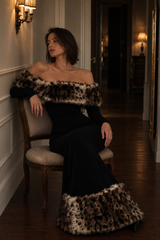 Sexy Off-shoulder Leopard Print Fur Trim Bodycon Maxi Dress