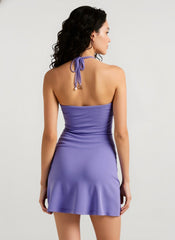 Beaded Halter Tie-Up Mini Dress