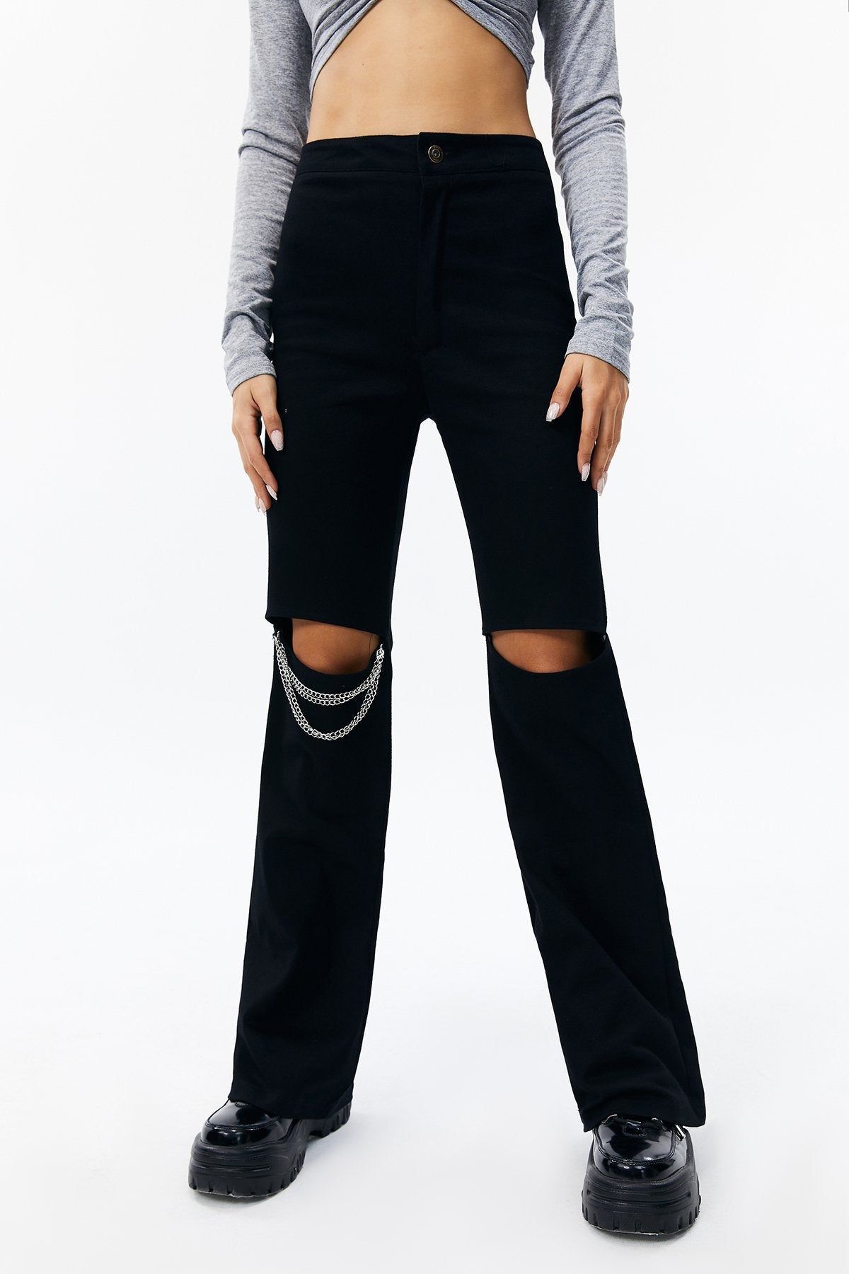 Chain Detail Distressed Straight Pants
