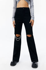 Chain Detail Distressed Straight Pants