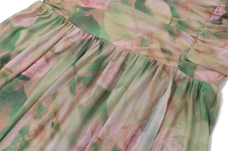 Floral Print Ruched Cami Dress With High Split