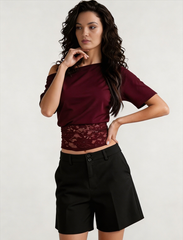 Asymmetric Off Shoulder Lace Waist Slim Crop T-shirt