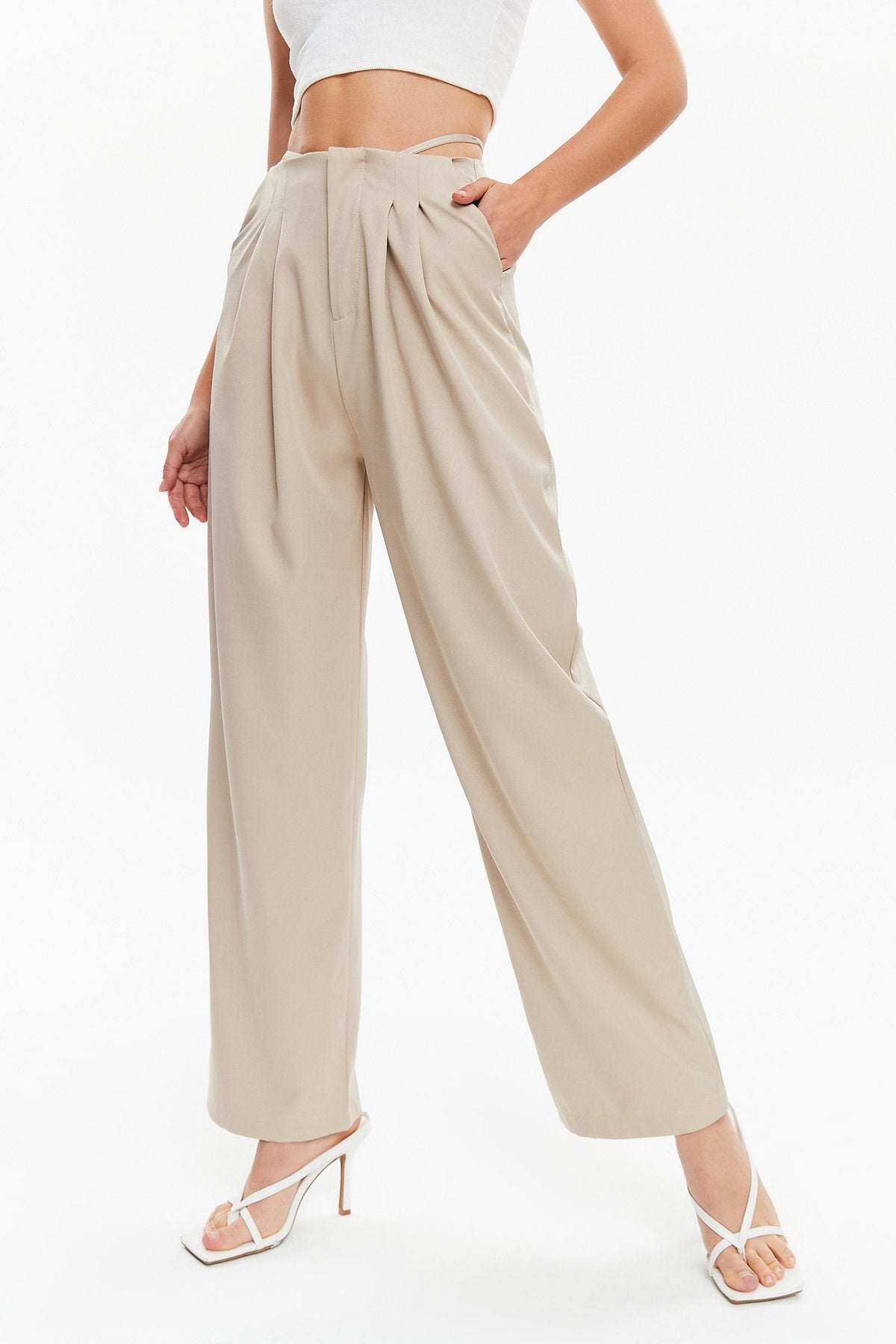 High Waist Tie Back Wide Leg Pants