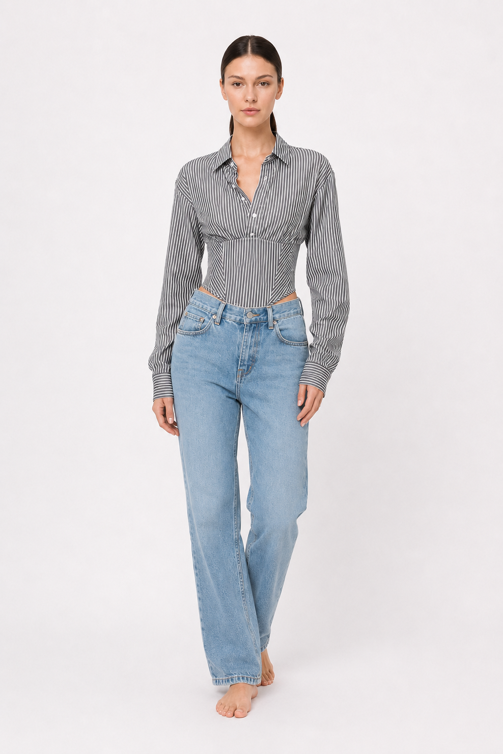Striped Waist Cinched Collared Short Blouse