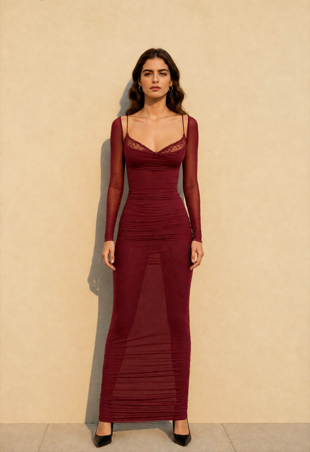 Mesh Lace Patchwork Boned Fitted High Slit Elegant Maxi Dress
