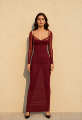 Mesh Lace Patchwork Boned Fitted High Slit Elegant Maxi Dress