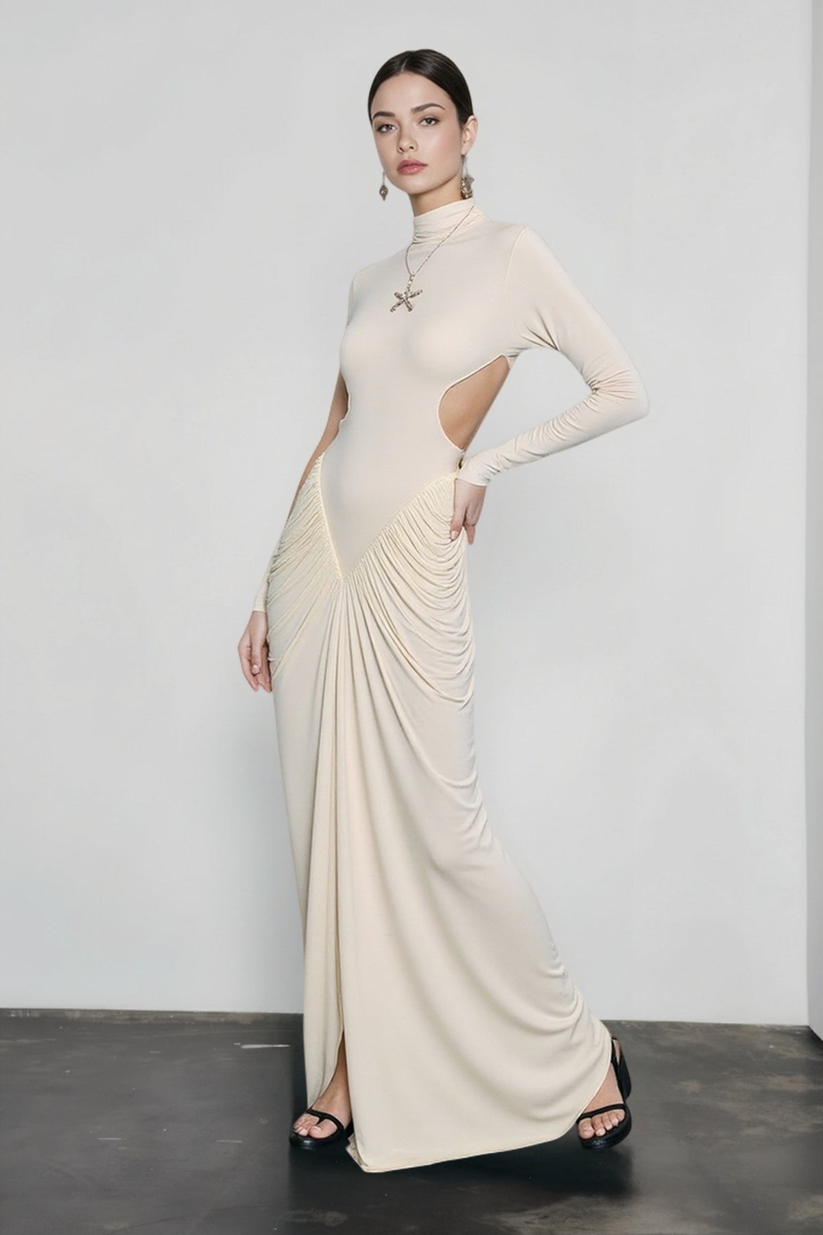 Slim Solid Long Sleeve High Neck Ruched Backless Formal Dress