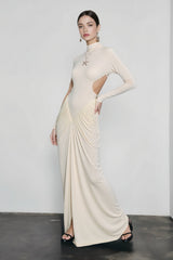 Slim Solid Long Sleeve High Neck Ruched Backless Formal Dress