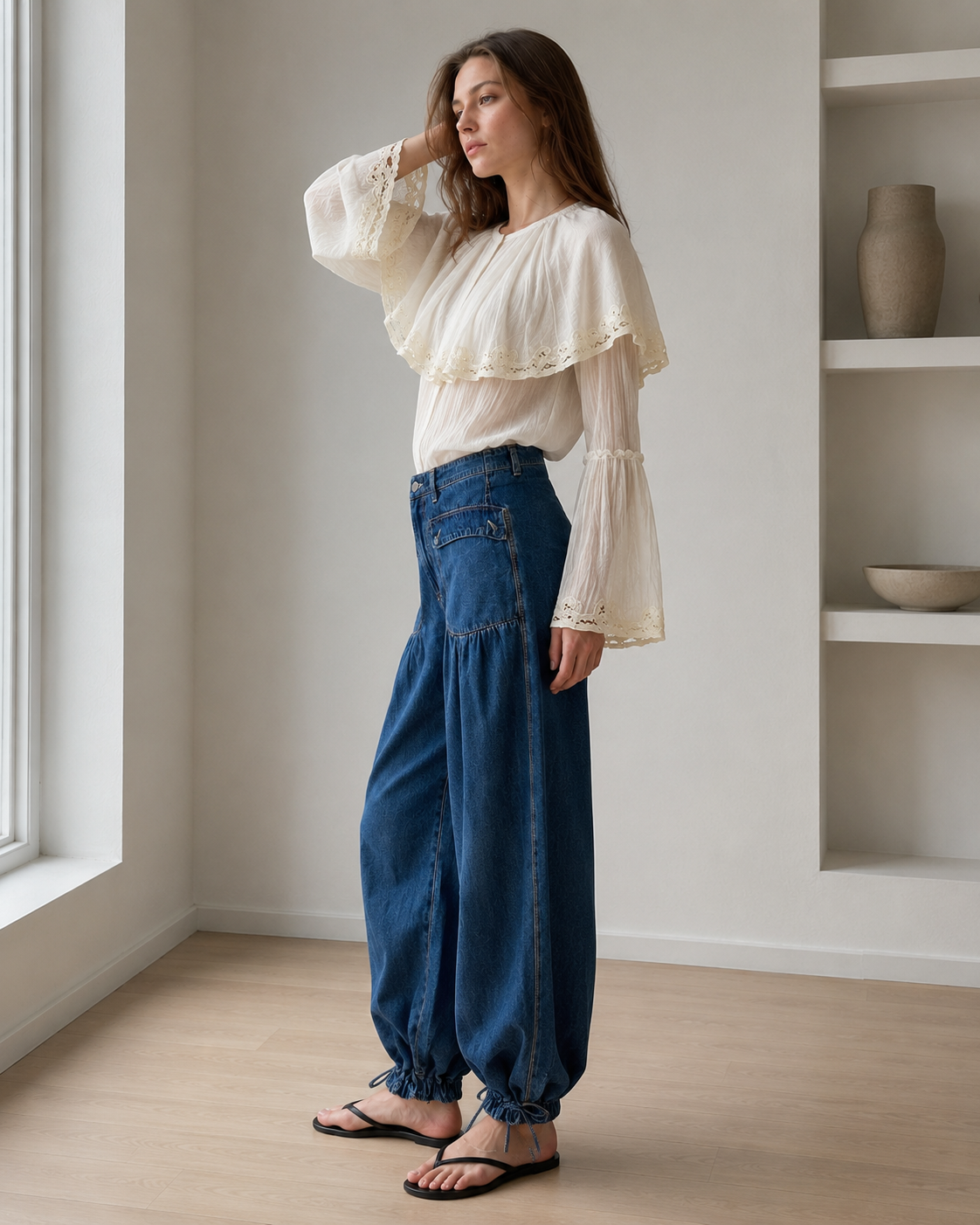 Ruched Mid Rise Wide Leg Jeans
