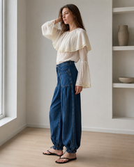Ruched Mid Rise Wide Leg Jeans