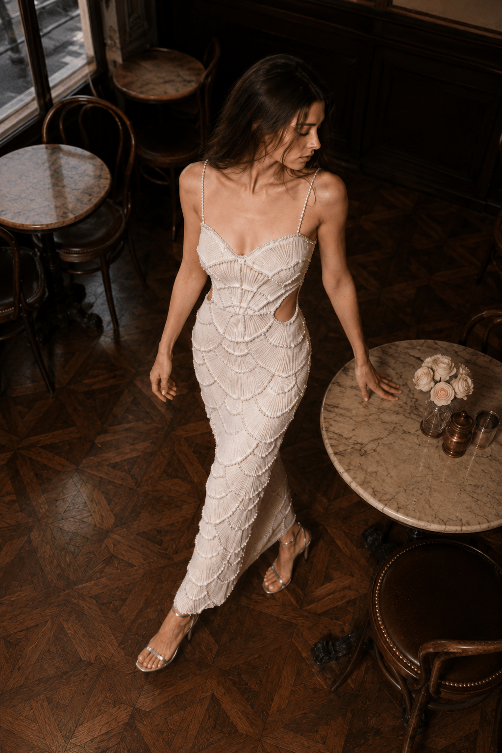 Sequin Beaded Cutout Waist Spaghetti Strap Evening Dress