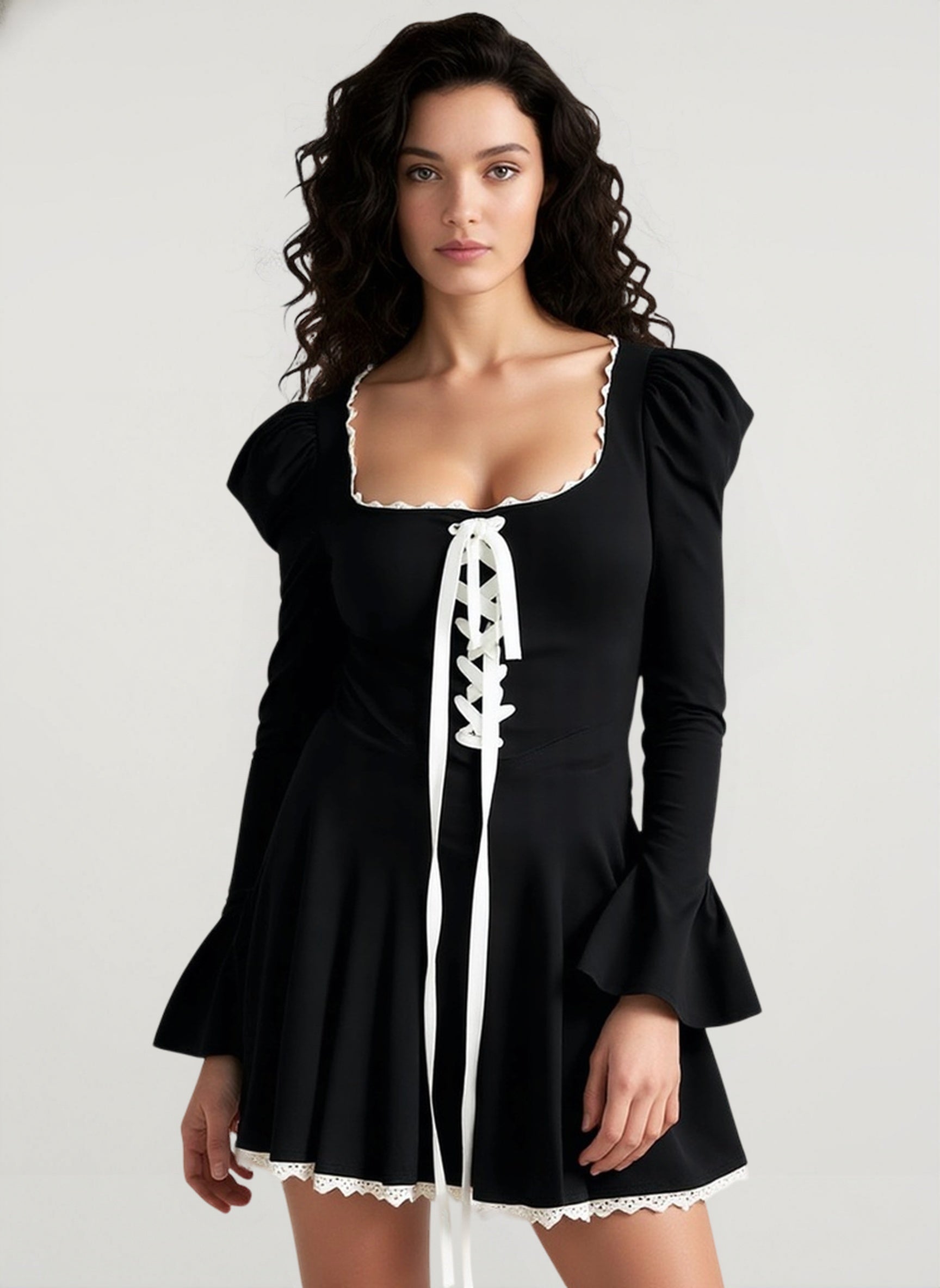Black and White Ruffle Neckline Tie Waist Mini Dress