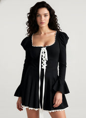 Black and White Ruffle Neckline Tie Waist Mini Dress