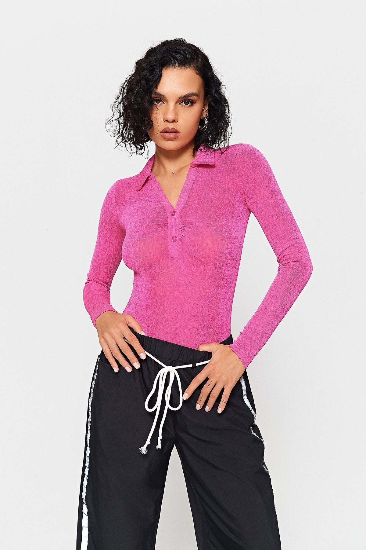 Lapel Neck Half Button Long Sleeve Bodysuit