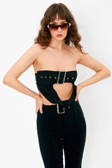 Off Shoulder Cut Out Buckled Decor Crop Top